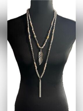 Shyanne Silver Feather & Tassel Layered Necklace / Earring with Beige Beads